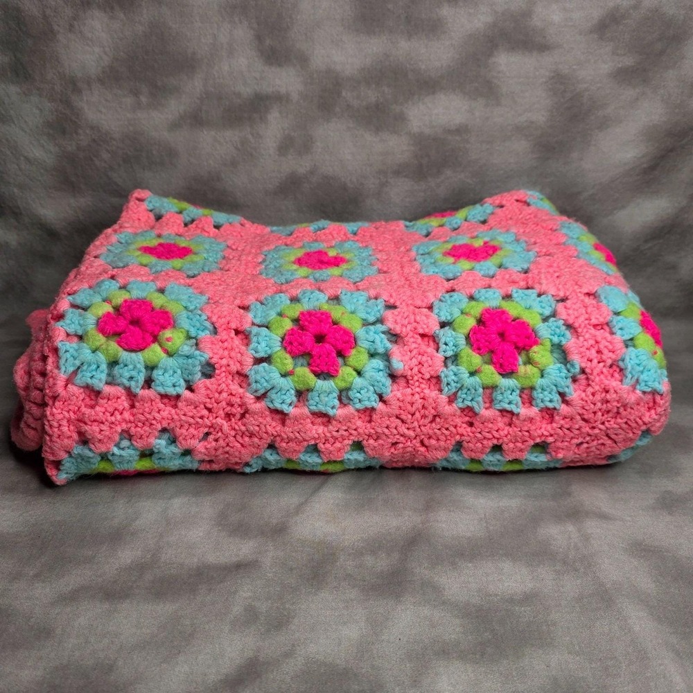 Handmade Granny Square Crochet Throw 76" X 45" Colorful Afghan Blanket Floral